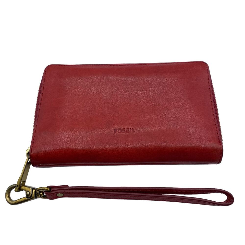 Vintage Fossil Red Leather Wristlet Wallet Zipper Closure Pockets Boho Chic